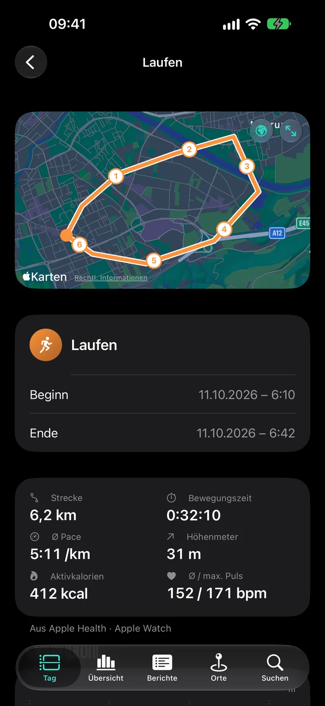 Lauftraining in Lifeline mit Route und Trainingskennzahlen.