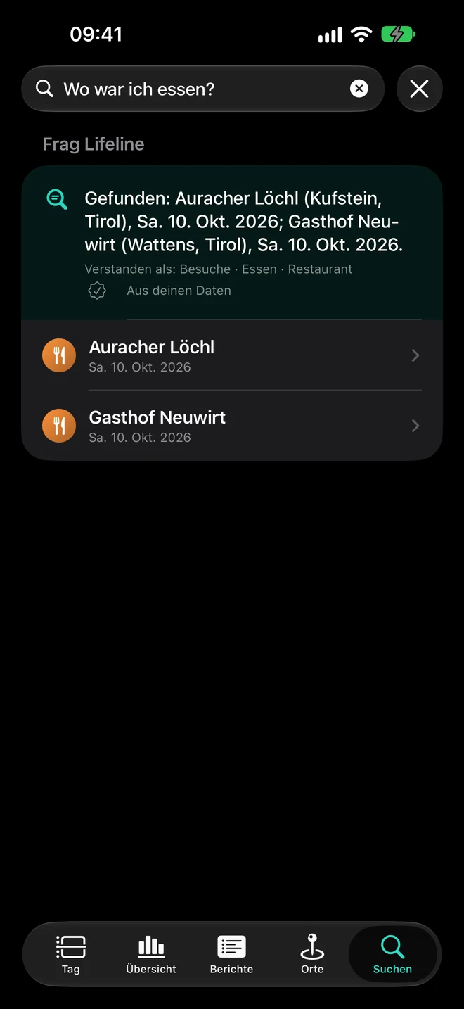 Lifeline-Suche zur Frage „Wo war ich essen?“ mit passenden Treffern.